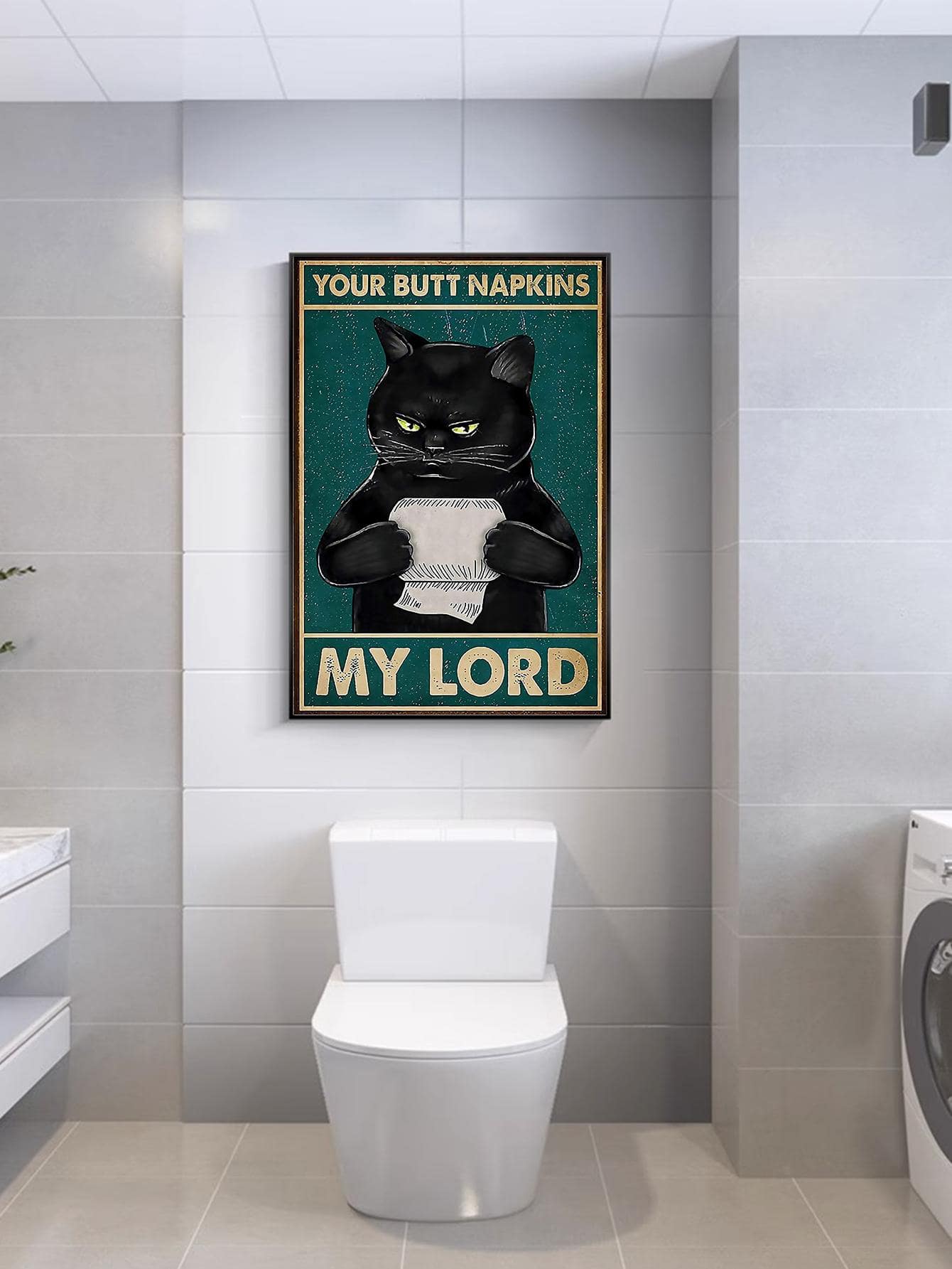 1pc Cat & Letter Graphic Unframed Painting, Vintage Chemical Fiber Waterproof Wall Art Painting For Bathroom Wall Decor