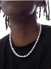 1 件优雅纯银仿珍珠装饰银串珠项链，适合男女节日佩戴 - 白色 - 查看 1