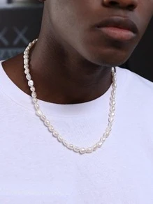 1 件优雅纯银仿珍珠装饰银串珠项链，适合男女节日佩戴 - 白色 - 查看 3