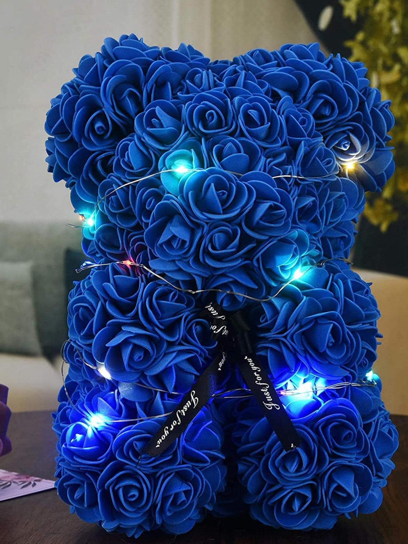 1 Bộ Gấu Bông Hoa Hồng Nhân Tạo, Gấu Bông Hoa Màu Xanh Có Dây Đèn, Tặng Quà - Màu xanh lam - Xem 1
