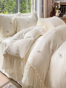 Bow Embroidered Ruffle Trim Duvet Cover Set Without Filler