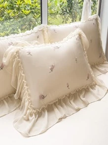 Bow Embroidered Ruffle Trim Duvet Cover Set Without Filler