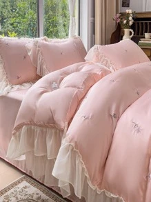 蝴蝶結刺繡荷葉邊被套套裝內芯 - 粉色 - 查看 3