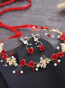 3 件装女士花朵与人造珍珠装饰优雅新娘发带和夹式耳环适合婚礼派对情人节 - 紅色 - 查看 3