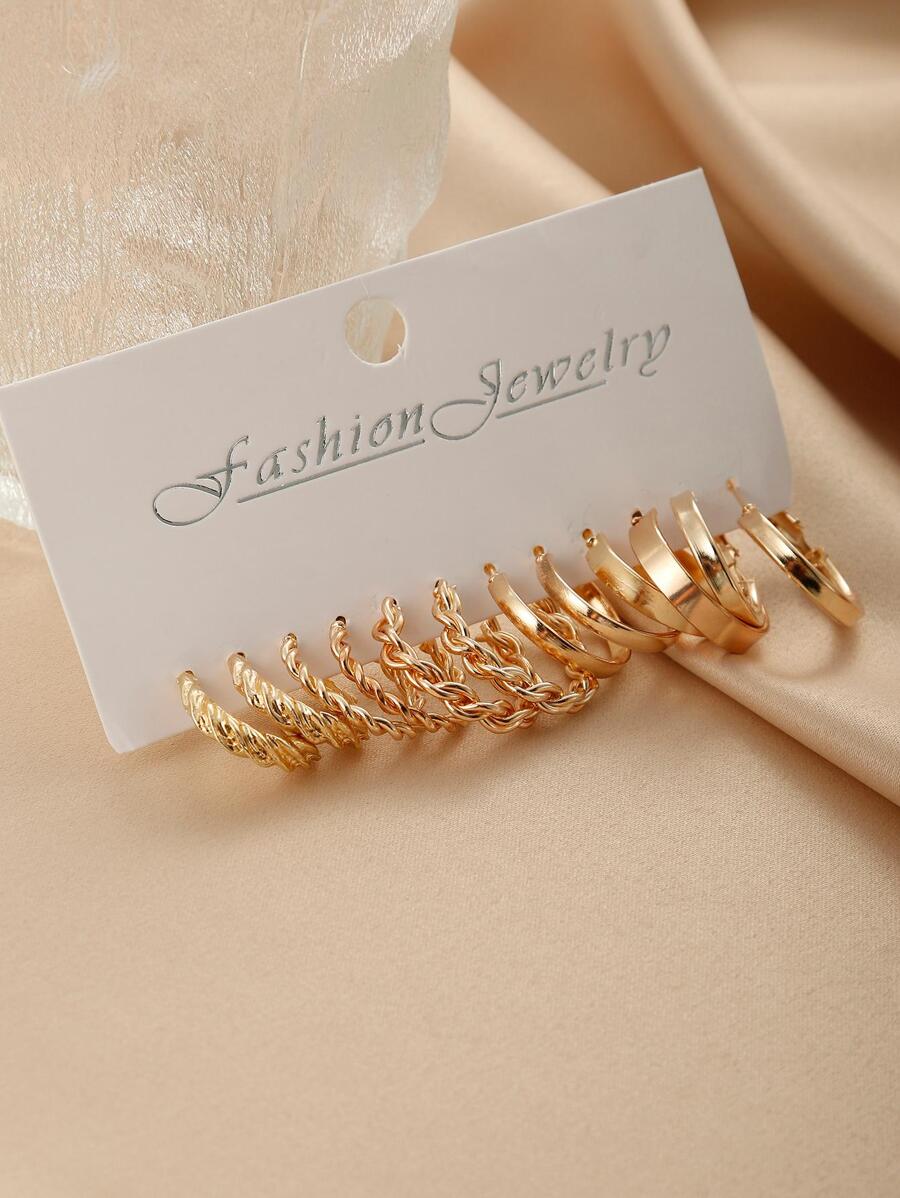 6對/套極簡圓耳環 - 金色 - 查看 1