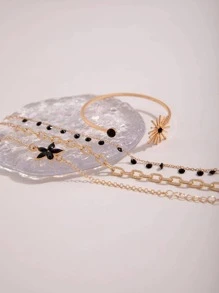 imoli Set de 4 piezas de pulsera de aleación minimalista con flor, borla y cadena para mujer, regalo (cadena hecha a mano, longitud personalizada, cantidad variable de cuentas de borla) - Negro - Ver 3
