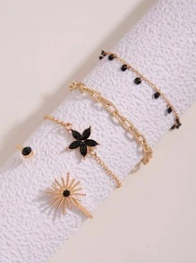imoli Set de 4 piezas de pulsera de aleación minimalista con flor, borla y cadena para mujer, regalo (cadena hecha a mano, longitud personalizada, cantidad variable de cuentas de borla) - Negro - Ver 2