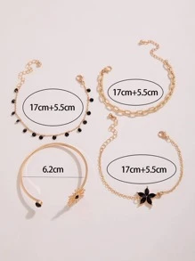 imoli Set de 4 piezas de pulsera de aleación minimalista con flor, borla y cadena para mujer, regalo (cadena hecha a mano, longitud personalizada, cantidad variable de cuentas de borla) - Negro - Ver 6