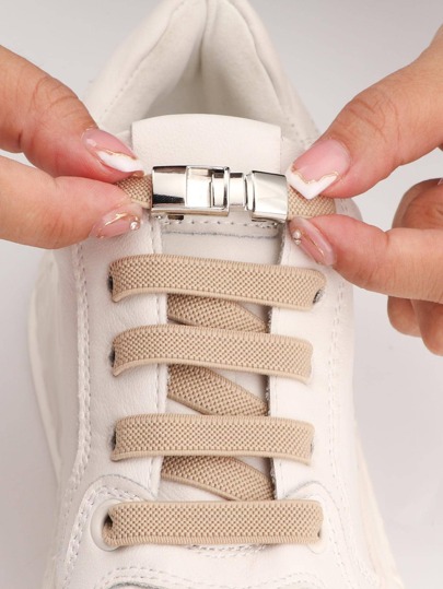 2pcs Metal Decor No-Tie Shoelaces, Khaki Polyester Fashionable Accessories For Sneakers,Casual Shoes,White Shoes,Basketball Shoes,Trainers Running Shoes