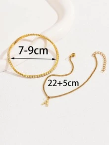 2入組/套字母墜飾水鑽裝飾腳錬 - 金色 - 查看 5