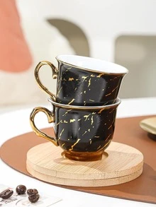 1pc Marble Pattern Mug And 1pc Saucer - Black - View 3