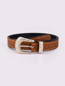 Women Floral Embossed Geometric Buckle Vintage Belt For Daily Decoration - Brown - View 1