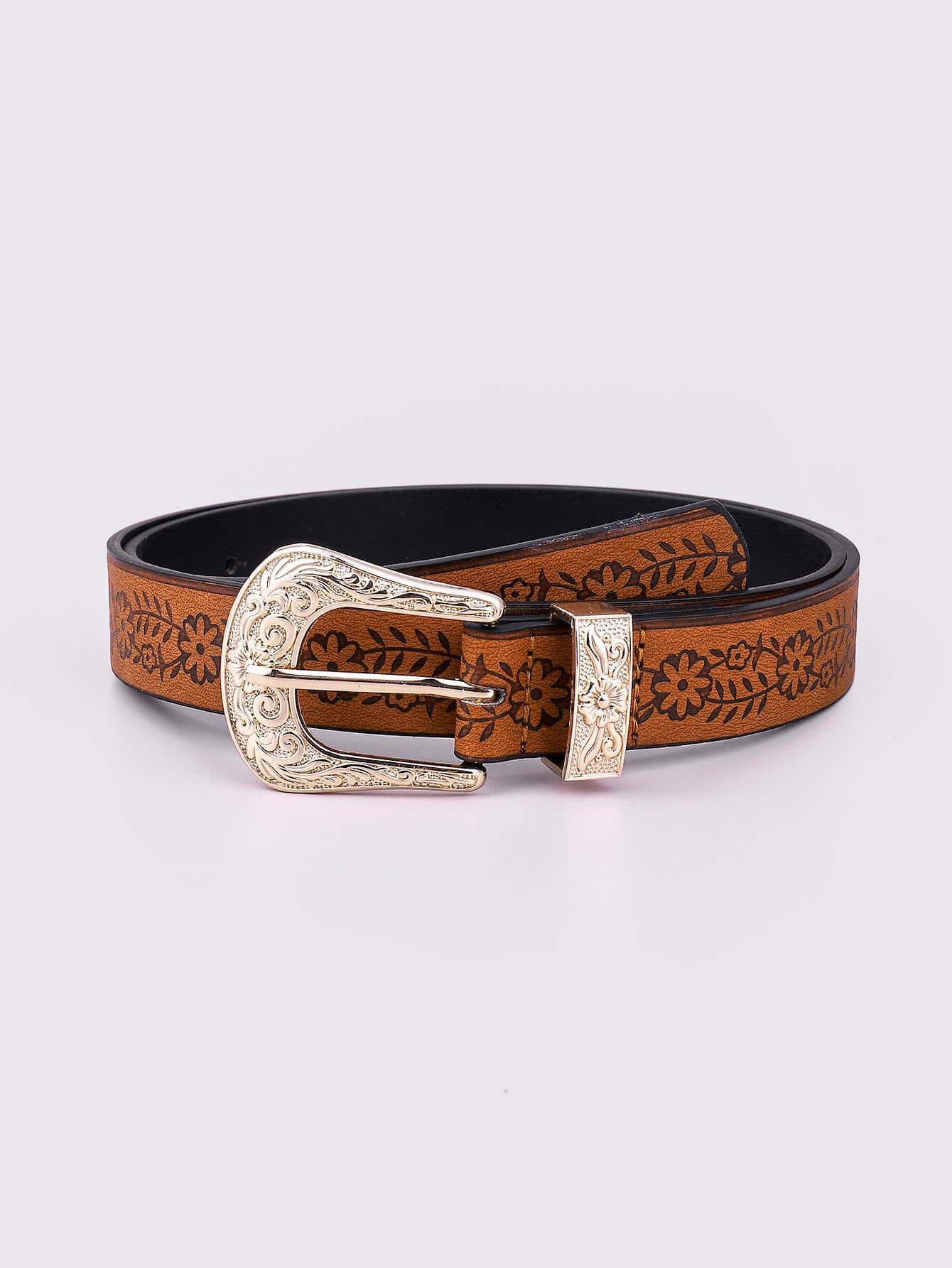 Women Floral Embossed Geometric Buckle Vintage Belt For Daily Decoration - Brown - View 1