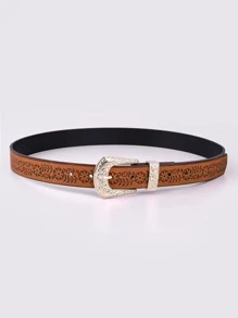 Women Floral Embossed Geometric Buckle Vintage Belt For Daily Decoration - Brown - View 2