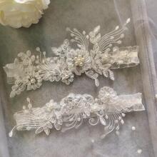 2pcs Elegant Faux Pearl Decor Bridal Garter Belt,For Wedding Cute - White - View 1
