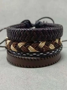 4 cái/bộ Nam Chi tiết bện Vòng đeo tay chất liệu da PU Nhiều màu - Nhiều màu - Xem 3