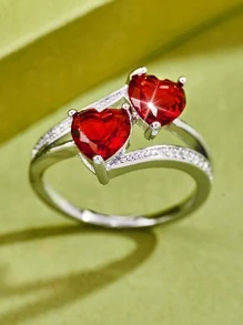 1 件迷人红色方晶锆石心形装饰戒指，适合女士派对，精美情人节礼物，情人节、妈妈、母亲、母亲节、礼物 - 紅色 - 查看 2