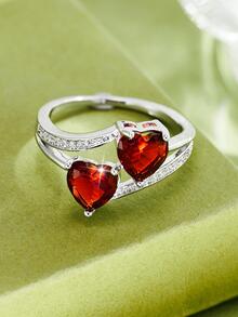 1 件迷人红色方晶锆石心形装饰戒指，适合女士派对，精美情人节礼物，情人节、妈妈、母亲、母亲节、礼物 - 紅色 - 查看 3