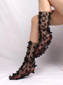 Butterfly Decor Crew Socks - Black - View 4