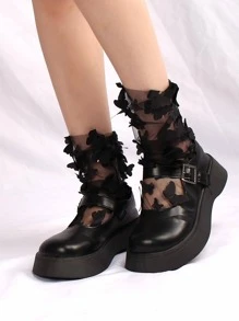 Butterfly Decor Crew Socks - Black - View 2