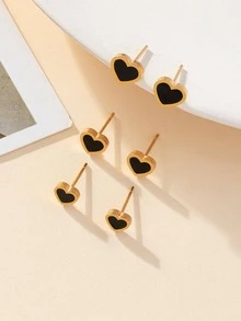 3對/套心耳釘 - 金黃色 - 查看 2