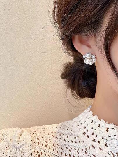 Rhinestone & Faux Pearl Decor Stud Earrings