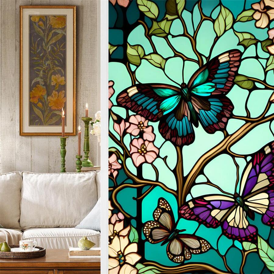 45*100cm Butterfly Stained Glass Window Film Uv Blocking Non-adhesive Privacy Window Film Window Decals Static Clings - 彩色 - 查看 1