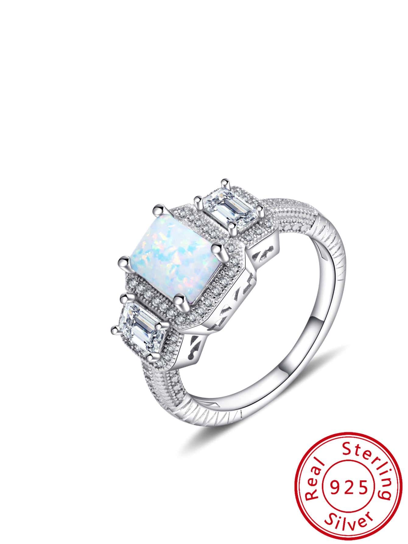 1入組魅力四射方晶鋯石和蛋白石裝飾方形純銀戒指適合女士適合婚禮派對首飾類情人節禮品 - 銀色 - 查看 1