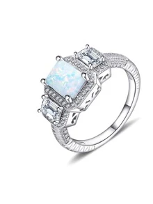 1入組魅力四射方晶鋯石和蛋白石裝飾方形純銀戒指適合女士適合婚禮派對首飾類情人節禮品 - 銀色 - 查看 5