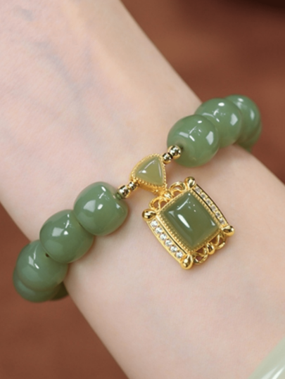 Rhinestone Decor Square Charm Beaded Bracelet