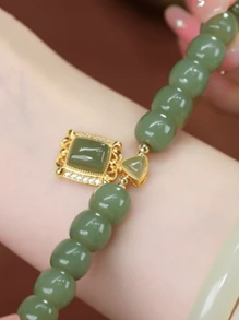 Rhinestone Decor Square Charm Beaded Bracelet - Green - View 3