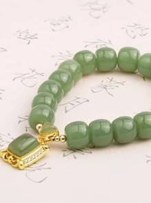 Rhinestone Decor Square Charm Beaded Bracelet - Green - View 4