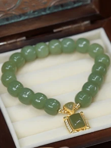 Rhinestone Decor Square Charm Beaded Bracelet - Green - View 2