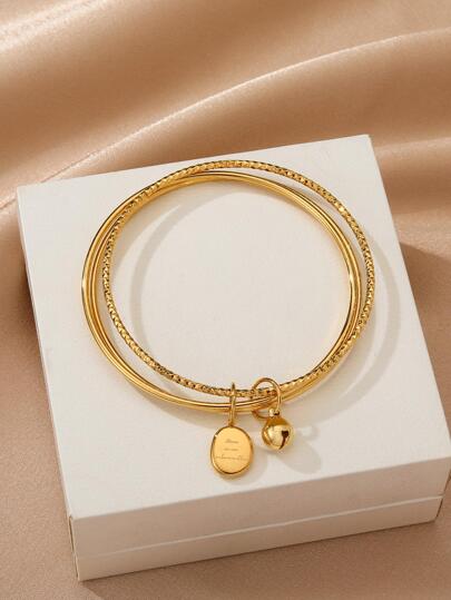 1 Set Gold 3-Circle Jingle Bell Square Pendant Letter Charm Bracelet, & Elegant