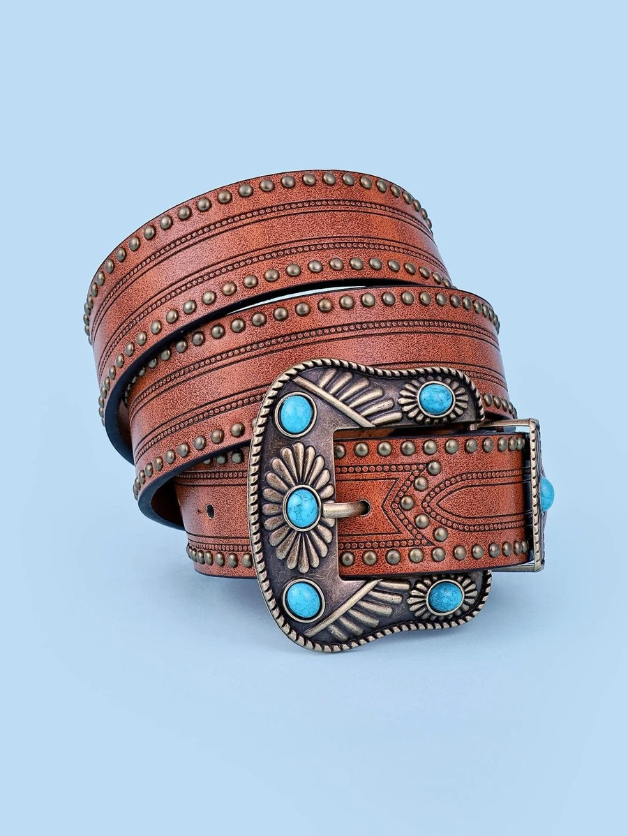 Thắt lưng khóa hình học trang trí màu ngọc lam - màu nâu - Xem 1