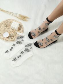 2pairs Floral Pattern Crew Socks - Black and White - View 1