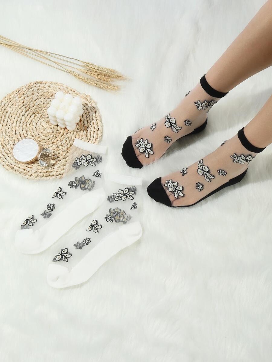 2pairs Floral Pattern Crew Socks - Black and White - View 1