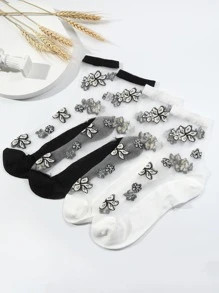 2pairs Floral Pattern Crew Socks - Black and White - View 2