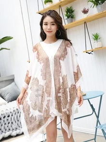Scroll Print Chiffon Shawl - White - View 2