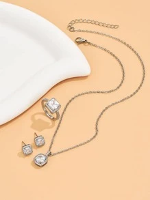4 Cái/bộ Quyến Rũ Đính Đá Cubic Zirconia Vuông Trang Trí Bộ Trang Sức Nữ Cho Tiệc Cưới Trang Sức Lễ Tình Nhân Tặng - Bạc - Xem 2