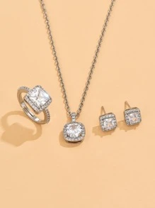 4 Cái/bộ Quyến Rũ Đính Đá Cubic Zirconia Vuông Trang Trí Bộ Trang Sức Nữ Cho Tiệc Cưới Trang Sức Lễ Tình Nhân Tặng - Bạc - Xem 1