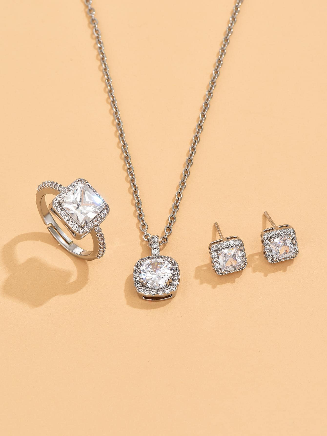 4 Cái/bộ Quyến Rũ Đính Đá Cubic Zirconia Vuông Trang Trí Bộ Trang Sức Nữ Cho Tiệc Cưới Trang Sức Lễ Tình Nhân Tặng - Bạc - Xem 1