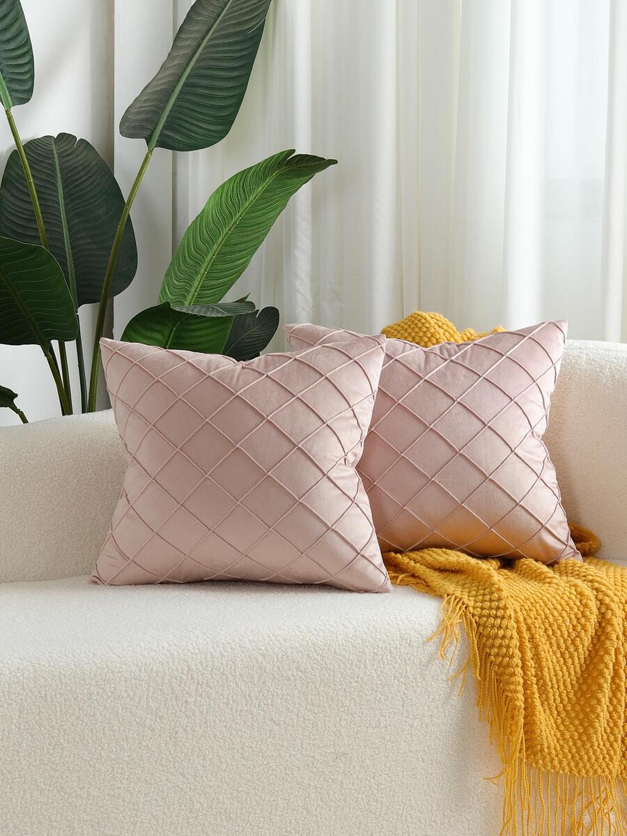 1pc Handmade Velvet Diamond Plaid Pleated Pillowcase, Light Pink - Baby Pink - View 1