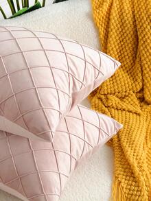 1pc Handmade Velvet Diamond Plaid Pleated Pillowcase, Light Pink - Baby Pink - View 4