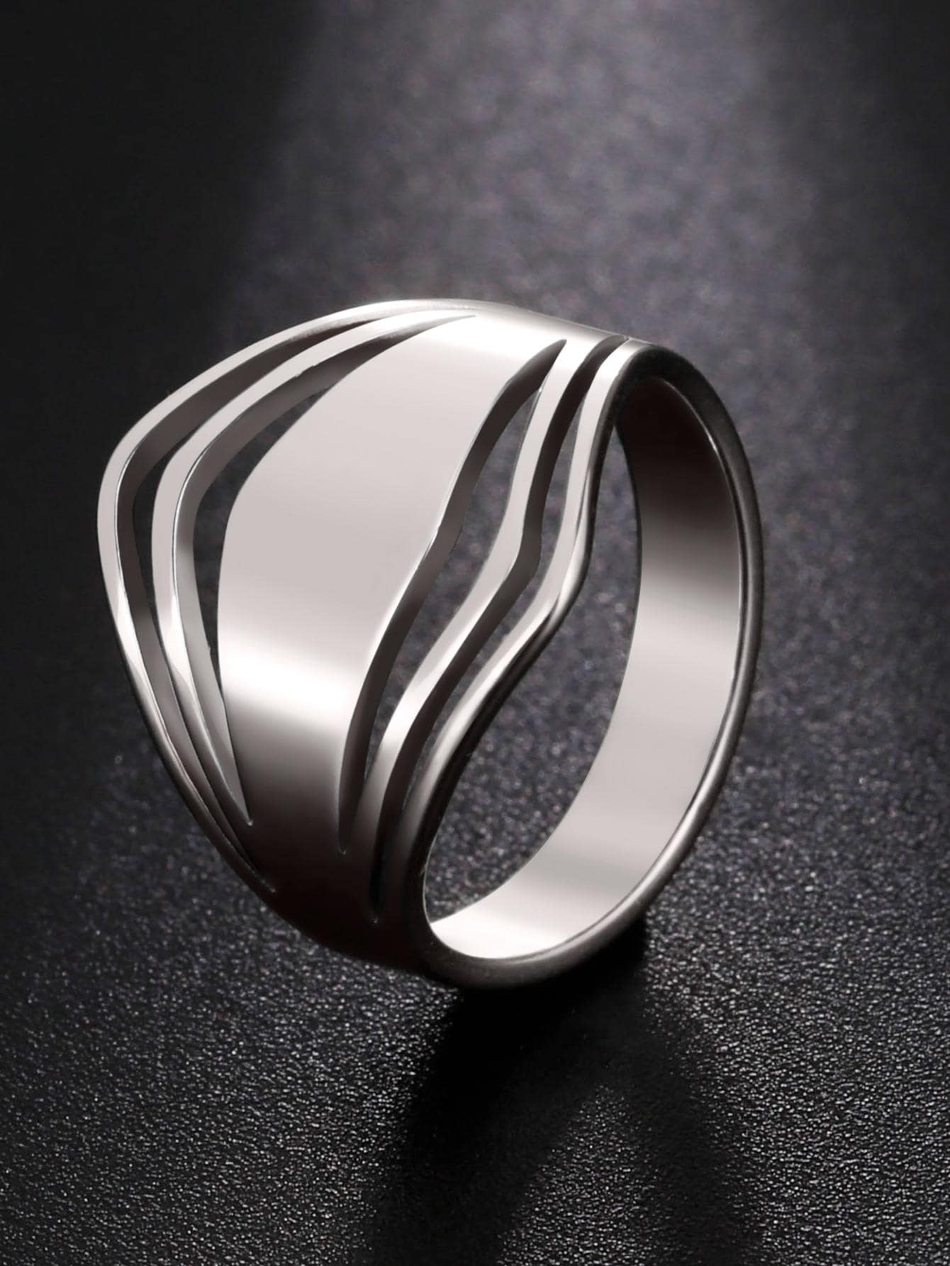 鏤空不銹鋼幾何細節戒指 - 銀色 - 查看 1