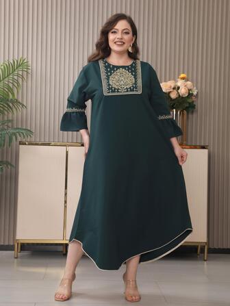 Plus Floral Embroidery Flounce Sleeve Curved Hem Dress