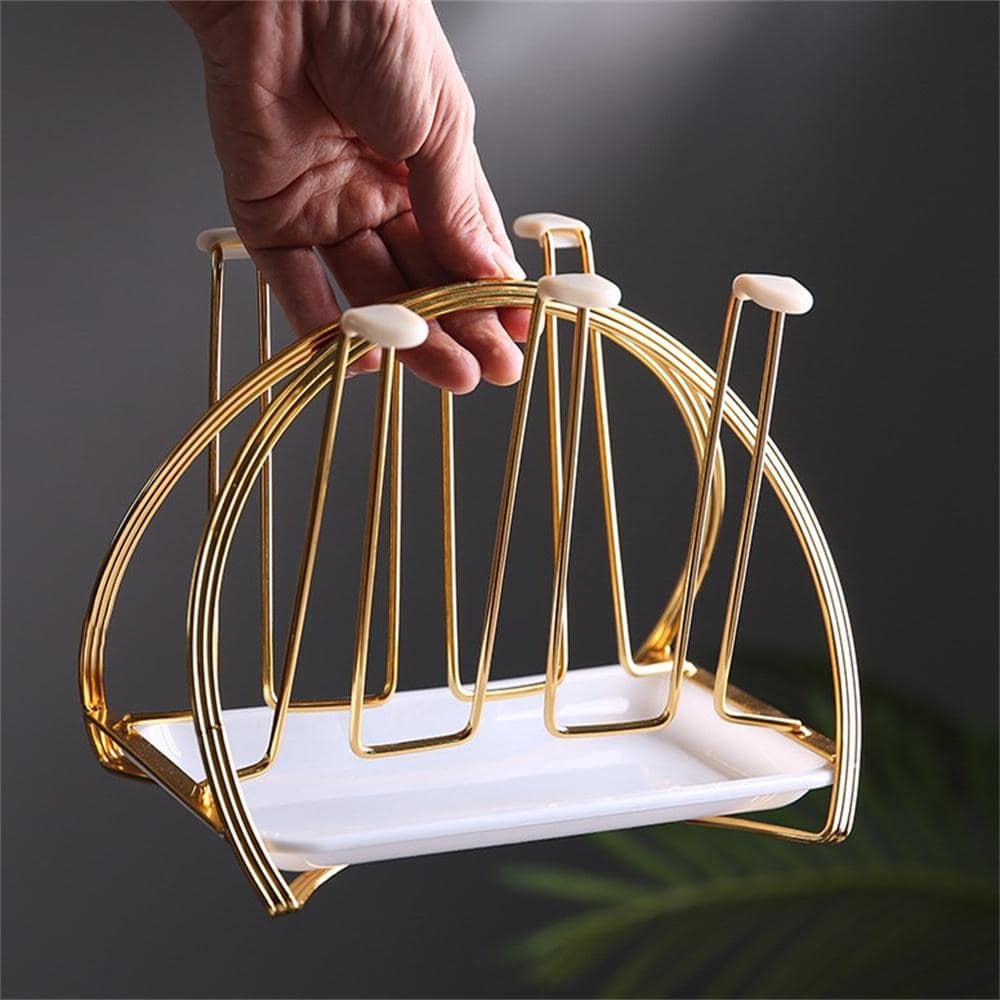 1pc Gold Tone Arched Cup Holder Stand For Home Use, Living Room Storage Glass Cup Rack+Drip Tray - Gold - View 1