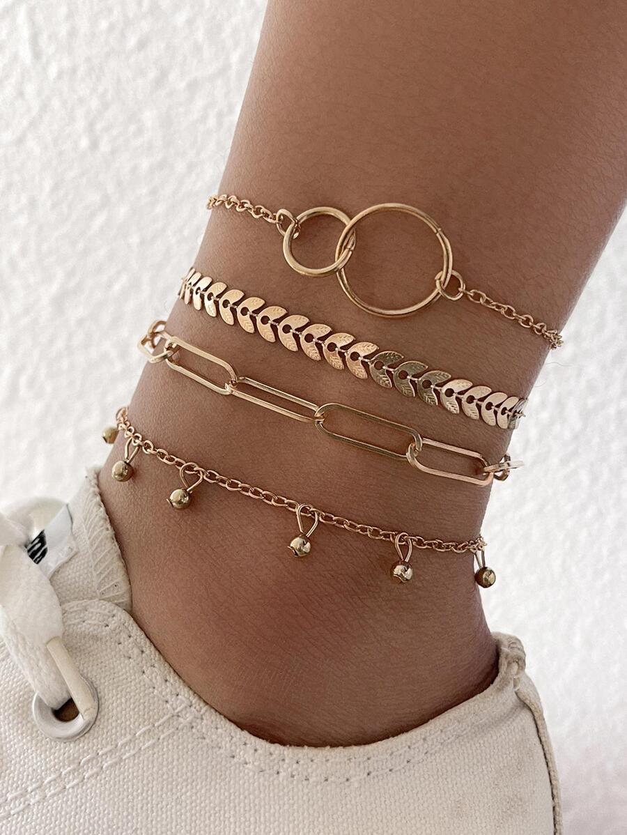4入组/套時尚珠子裝飾鏈式腳鏈適合女士適合夏天海灘旅行 - 金色 - 查看 1