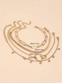 4入组/套時尚珠子裝飾鏈式腳鏈適合女士適合夏天海灘旅行 - 金色 - 查看 6