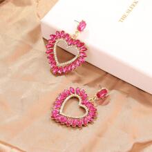 1雙魅力四射熱粉色水鑽裝飾鏤空心耳墜適合女士適用於精美情人節禮品 - 玫紅色 - 查看 4